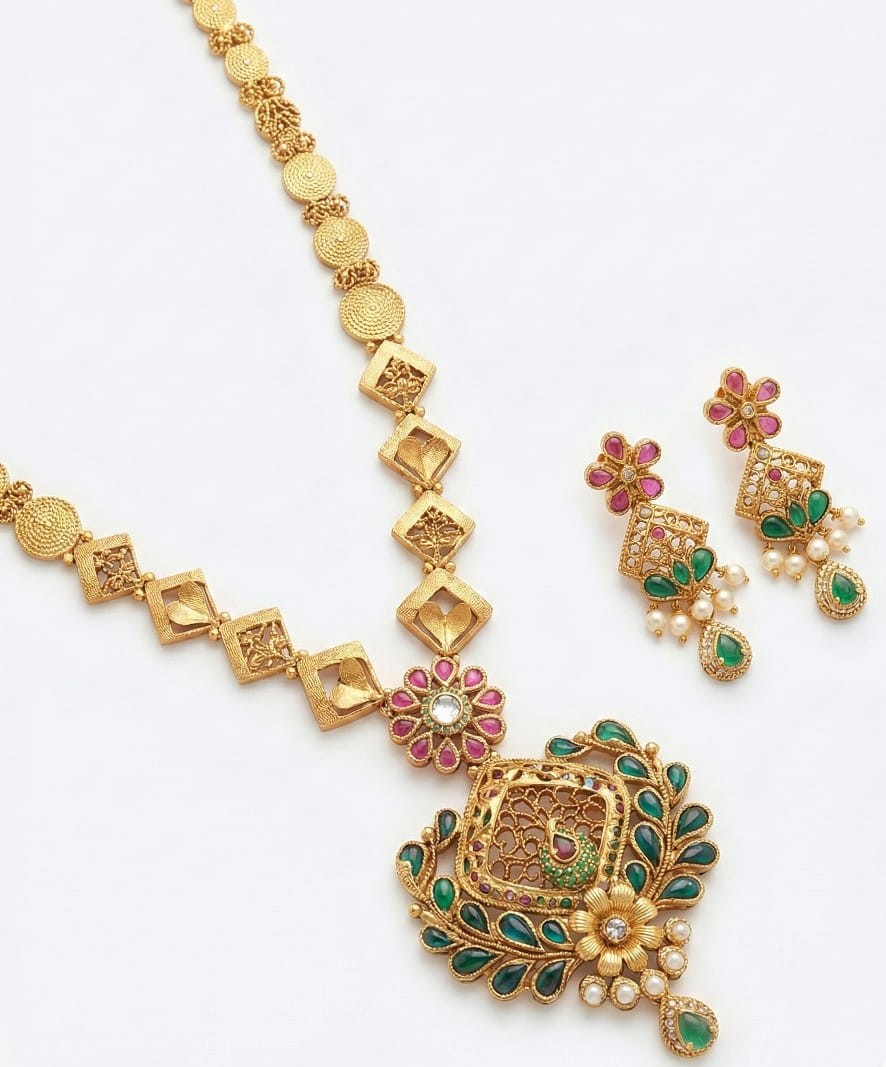 Emerald Floral Gold Necklace Set